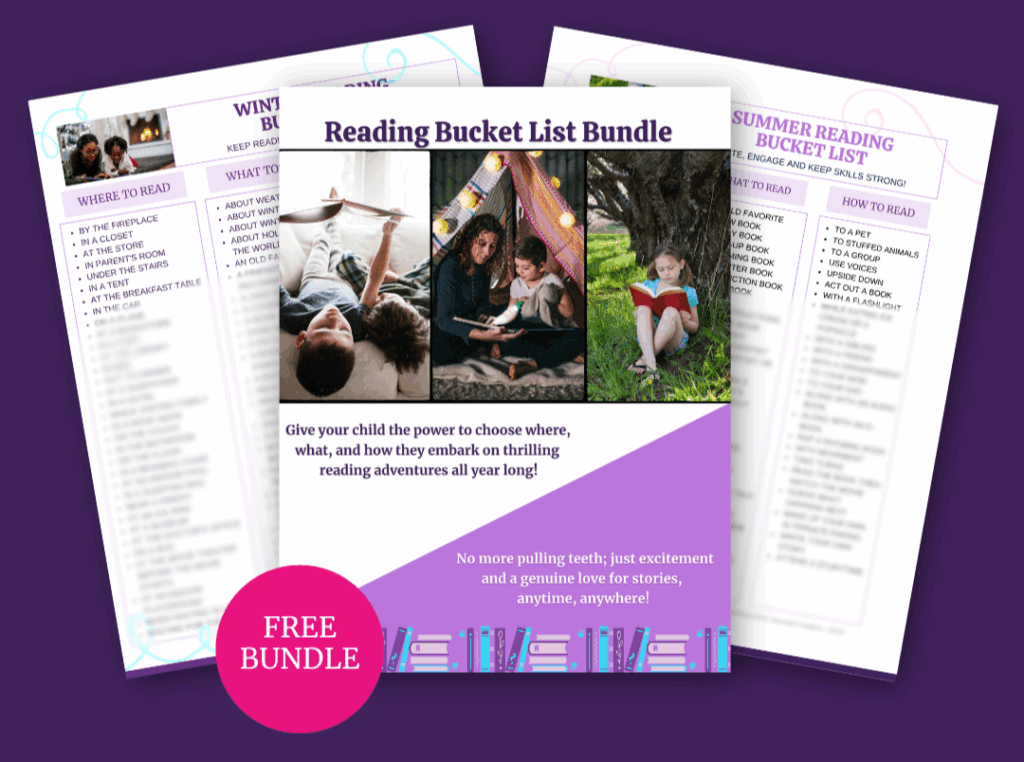 Mock-up of the printable Reading Bucket List Bundle featuring colorful prompts like ‘read outside’ and ‘read a stuffed animal.’